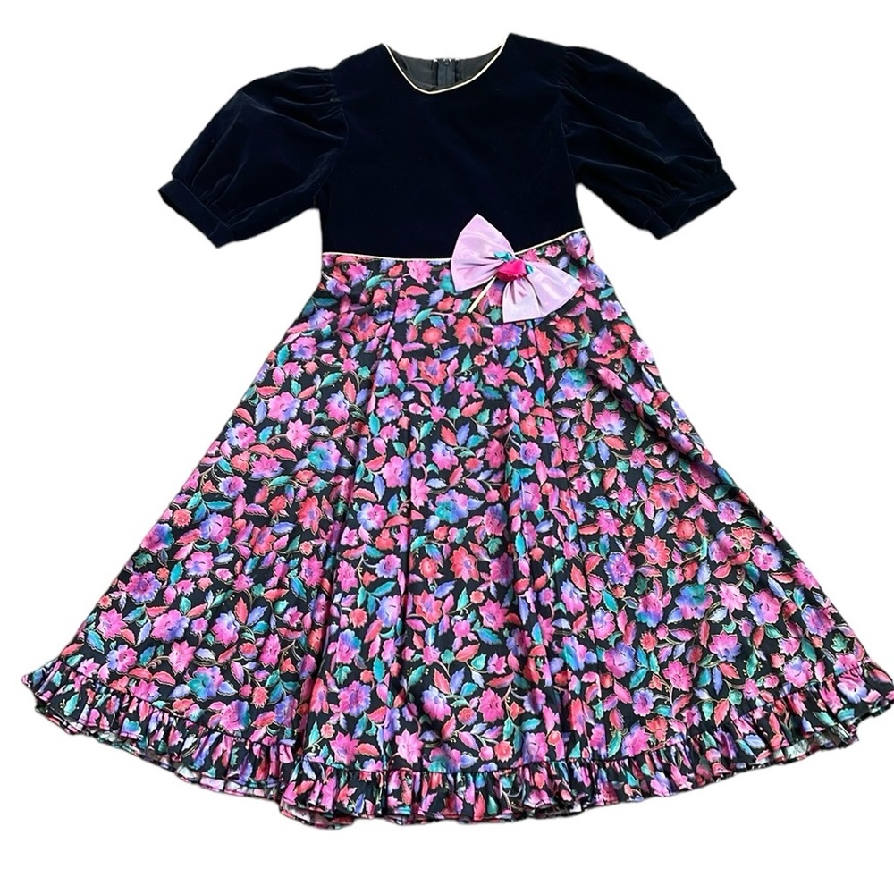Vintage Peaches ‘n Cream Crushed Velvet Puff Sleeve Floral Dress—Girl’s 14